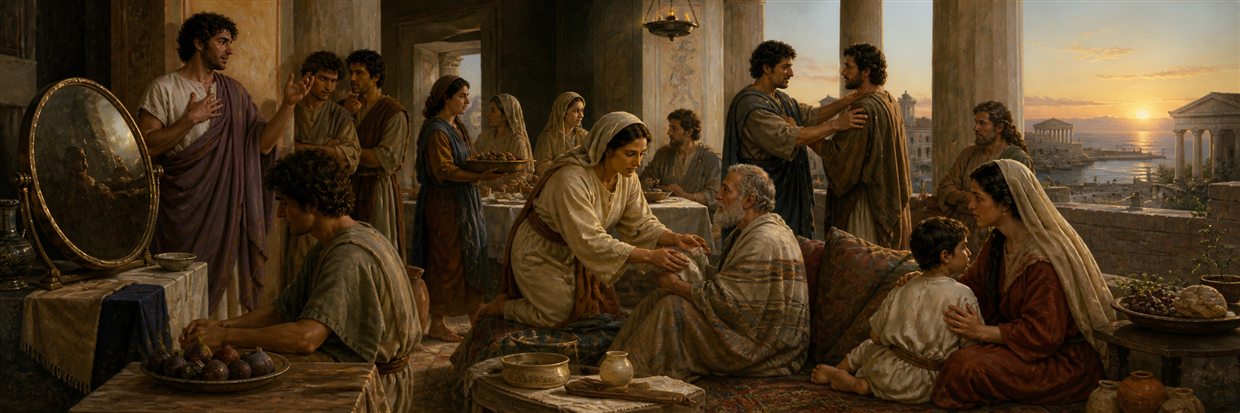 Believers caring for an elder, reconciling friends, sharing food, and protecting a child beside a bronze mirror